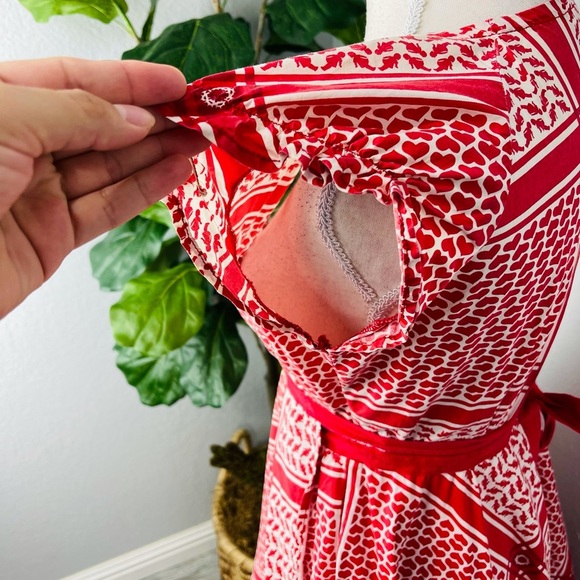 GSUS VINTAGE RED HEART VALENTINES CUPID ASYMMETRICAL WRAP DRESS WITH POM POM HEM - Picture 9 of 9